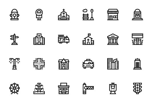 City icon set. Vector illustration featuring Fire hyrant, Church, Park, Hospitl, School, Buildings, Trafic light, Bus stop, and oter urban symbols.
