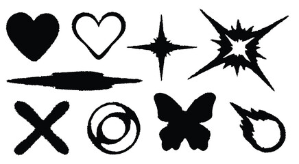 Abstract Graphic Shapes Elements Set. Collection of Hand Drawn Hearts, Exploding Stars, and Dynamic Motion Streaks. Artistic Sticker Template Vector Illustration