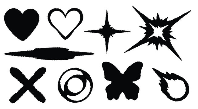 Abstract Graphic Shapes Elements Set. Collection of Hand Drawn Hearts, Exploding Stars, and Dynamic Motion Streaks. Artistic Sticker Template Vector Illustration