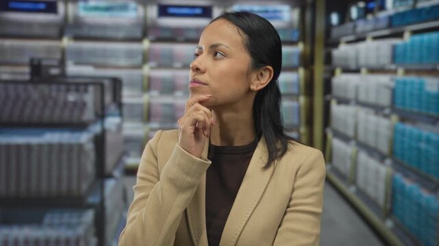 Woman thinking in store aisle, appearing pensive and contemplative, surrounded by blurred shelves, wearing a beige blazer and standing indoors with a focused expression.