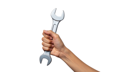 Hand firmly gripping a shiny wrench, ready for repairs and construction projects, symbol of engineering precision and labor
