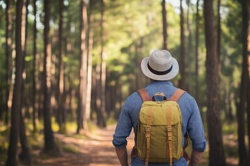 Obraz premium Man with backpack and hat walking on a forest path, exploring nature and enjoying peace and solitude