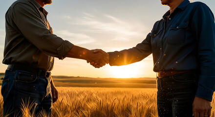 Two farmers shake hands in a golden wheat field during sunset. The scene conveys partnership and agricultural success.