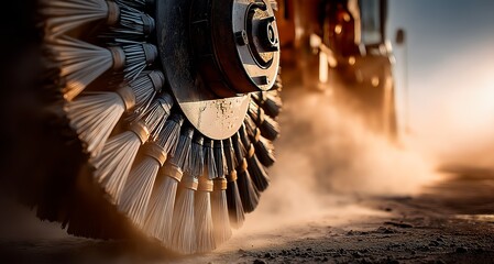 Close-up of a large industrial brush wheel on a road sweeper, kicking up dust in a construction area. The scene captures the machinery in action.
