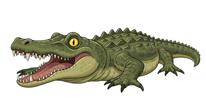Cartoon Crocodile with Open Mouth Ready to Strike on White