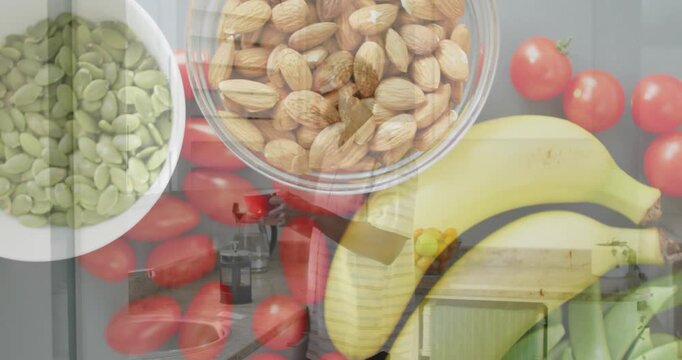 Adult man raising red mug and sipping causing clear healthy food overlay fading, revealing kitchen