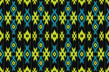 Vibrant Neon Ikat Seamless Pattern, Modern Ethnic Geometric Vector, High Contrast Tribal Textile with Lime Green and Teal on Black Background.