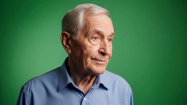 Elderly man looks from left to right on green chromakey background, for virtual environment integration footage