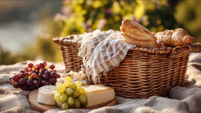 A charming picnic basket filled with bread, cheese, and fresh grapes, ready for a sunny day.