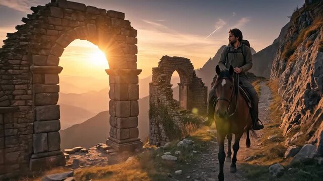 Horseback Rider Explores Ancient Ruins at Sunset in the Mountains.