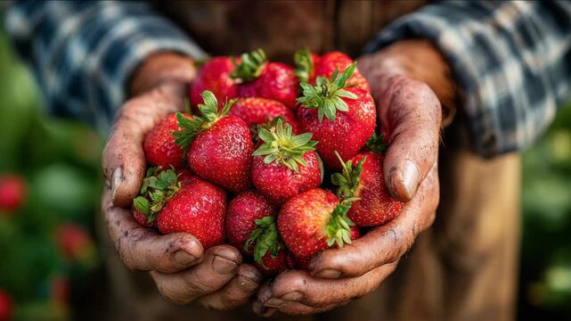 Hands full of juicy, freshly harvested strawberries from a local farm.