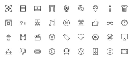 Cinema icon set. Vector illustration collection. Incudes symbols for film roll video player, popcorn, sptlight, clapperboard, tickt, theater and more. Editale stroke.