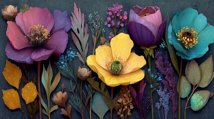 A vibrant and artistic botanical arrangement of colorful flowers and leaves on a dark backdrop