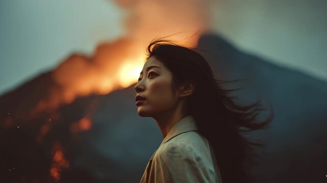 日本人女性が溶岩流を見つめる
