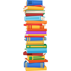 Tall stack of colorful books with blue red yellow green purple and orange covers against a clean transparent background ideal for educational or literary themes
