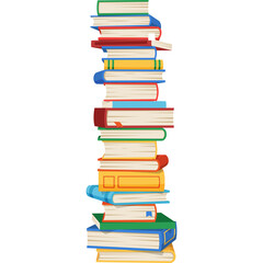 Tall Stack of Colorful Books with Red Blue Green Yellow and White Covers Arranged Vertically on a Transparent Background Ideal for Educational or Literary Themes
