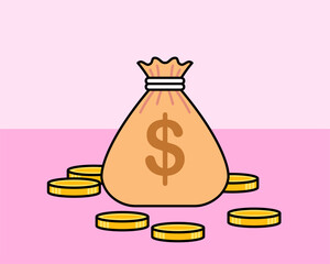 Colorful vector illustration of a money bag with a dollar sign surrounded by gold coins on a pink background. perfect for finance, investment, banking, business, or economic concept designs