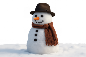 Snowman character wearing a hat and scarf standing in fresh snow with a transparent background