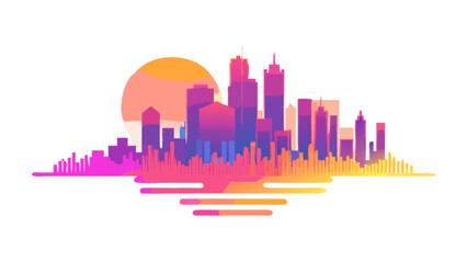Colorful city skyline with a vibrant sunset