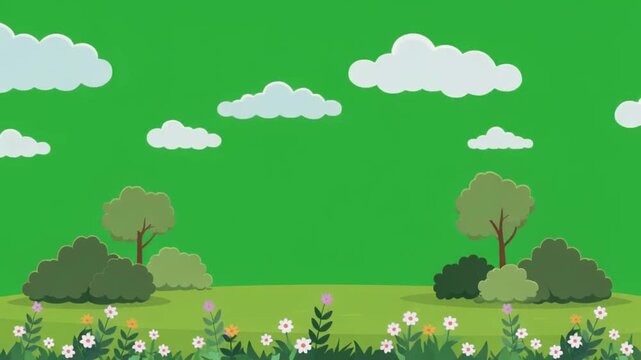 Relaxing animation of moving clouds over a green park with a few trees and flowers, greenscreen background, no text, no shadow, clean lighting