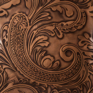 Seamless Brown Leather Texture Pattern, Realistic Tooled Western Design, Rustic Embossed Cowgirl Cowboy Background