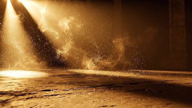 Beams of gold rake across a dark floor, particles swirling in the light path.