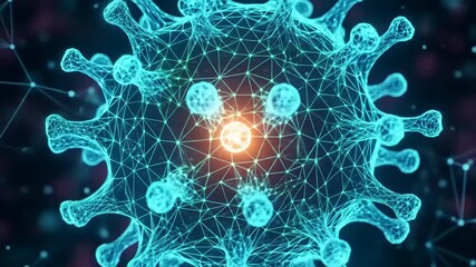 Abstract 3D rendering of a virus particle with glowing core and network connections. - Powered by Adobe