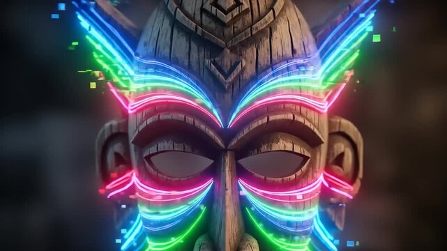 Ancient Wooden Tribal Mask with Colorful Glowing Neon Lights.