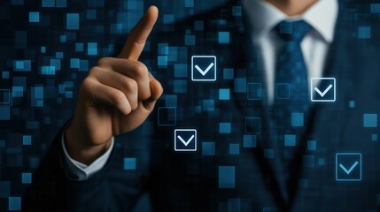 Businessman's hand selecting options on a futuristic digital interface with a background of glowing data squares