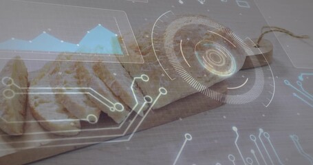 Upon radial scanner appearing, scanning sliced bread loaf for analysis via pulsing chart circuits - Powered by Adobe