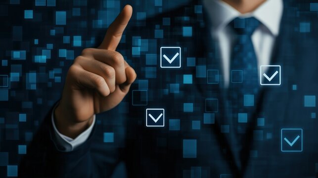 Businessman's hand selecting options on a futuristic digital interface with a background of glowing data squares