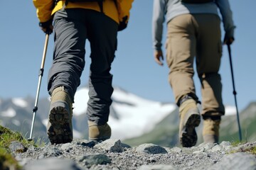 People backpacking on a rocky trail enjoying outdoor adventure with snowy mountains in the background