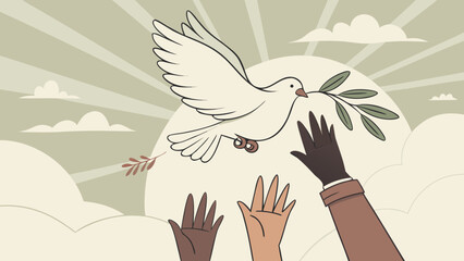 Peace dove with olive branch illustration for international day of peace and human rights concept art design