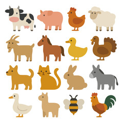 Obraz premium Farm Animals Illustrations: A colorful assortment of farm animals arranged with charming illustrations that includes a cow, pig, chicken, sheep, goat, horse, duck, turkey, dog, cat, rabbit, donkey.