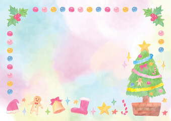 優しい水彩手描きイラストをあしらったクリスマスフレーム-カラフル背景