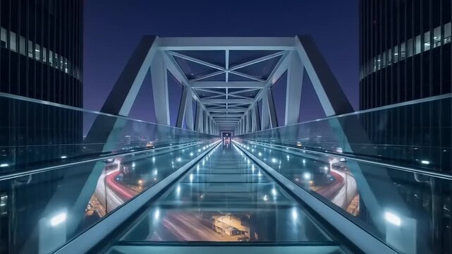 Modern Glass Skybridge Connects Skyscrapers at Night with City Lights Below.