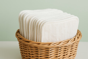 Obraz premium Reusable cotton pads neatly arranged in wicker basket for eco friendly skincare and sustainable bathroom routine