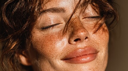 Close-up of a woman with freckles and closed eyes enjoying the sunlight