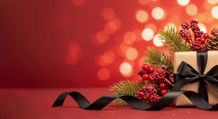 Christmas gift with a black ribbon and festive decorations on a red background. Holiday present with bokeh lights and copy space for text