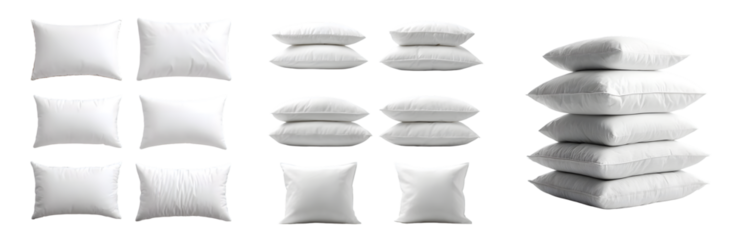 Collection of white pillows arranged in different formations on a white background.