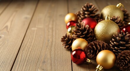 Christmas background with red and gold ornaments and pine cones on a rustic wooden table. Festive holiday decoration with copy space for text