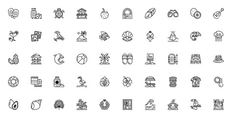 Tropical icon set. Summer vacation vector illustratins. Includes symbols for bach, palm tree, cocktail, urfing, pineapple, sunset,turtle and more.