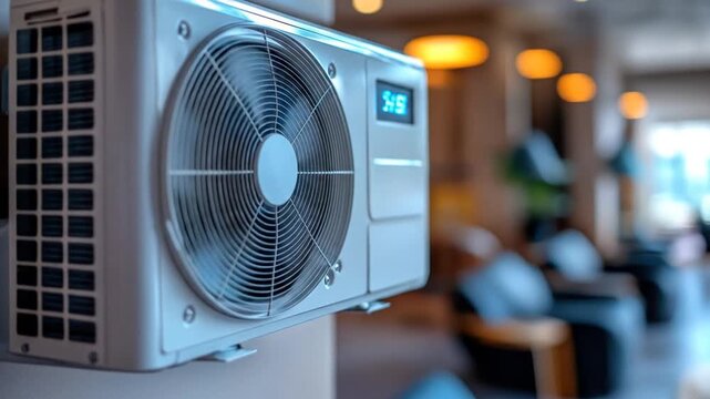 An air conditioning unit is mounted on a wall, with a fan cover on the side. The background is blurred
