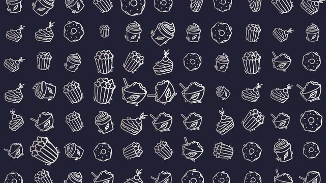 Doodle food seamlessly patterns sketched desserts and snacks on a dark backdrop for creative designs. Perfect for menus, packaging, and stationery.