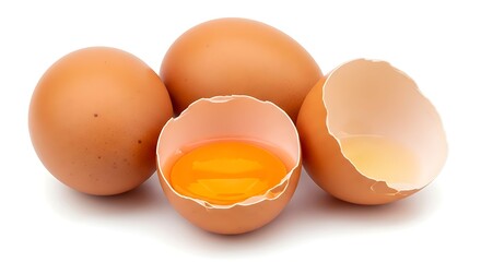 Fresh Brown Eggs Whole and Cracked on White Background