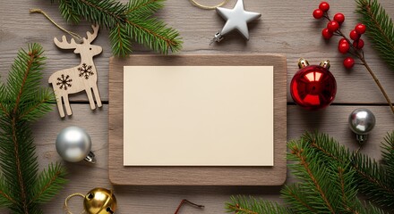 Christmas card mockup in kraft envelope with festive decorations on grey wooden background