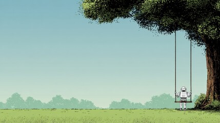 Robot on Swing Under a Large Tree in a Serene Park Setting During Clear Weather