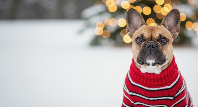 Portrait of a fawn French Bulldog wearing a festive red sweater in the winter snow. Christmas holiday background with copy space
