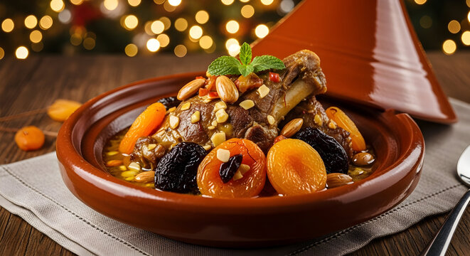cozy winter lamb meal presentation, warm braised lamb with apricots displayed in charming setting