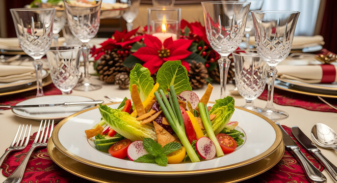 colorful corn salad with garnishes, decorative corn and vegetable salad on fine china